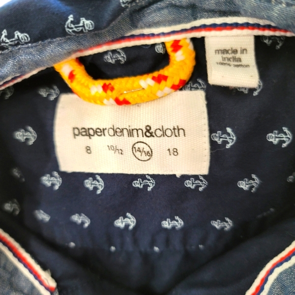 Paper Denim Cloth Nautical Button Up Size 14/16 Navy Blue & White W Anchors - Picture 2 of 2
